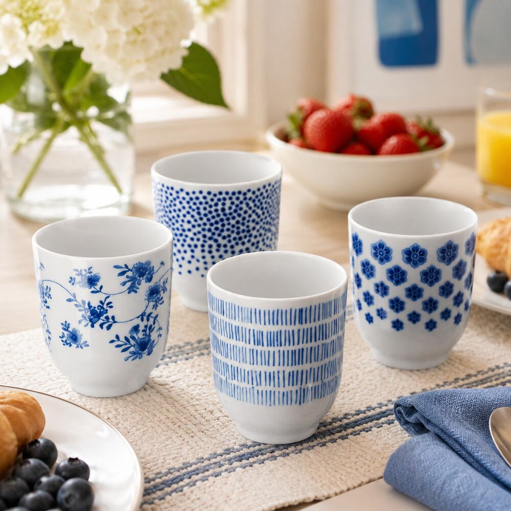 IKEA Entusiasm Porcelain Tumbler Set Cobalt Blue Patterned Cups Set of 4 New